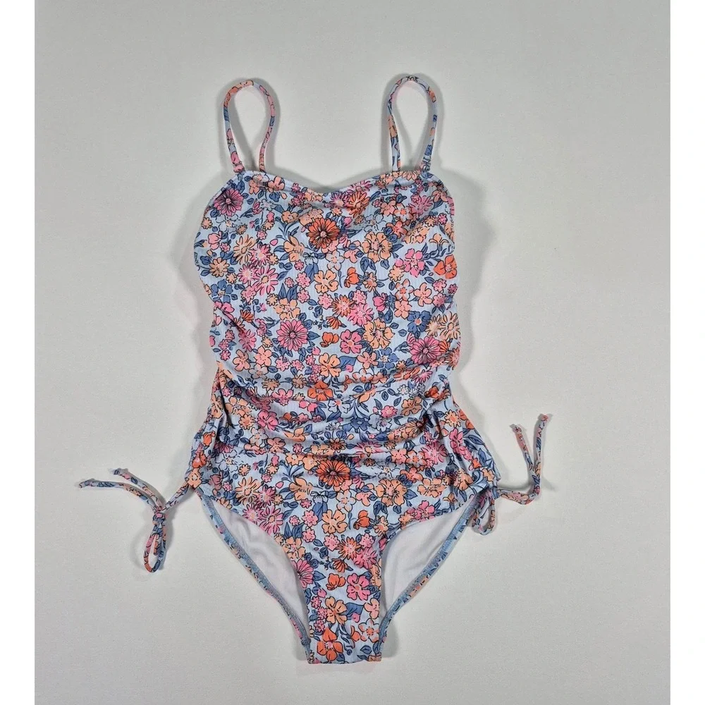 Floral Ribbed One Piece Swimsuit Sweetheart Neckline Side Tie Size Small‎ NWOT